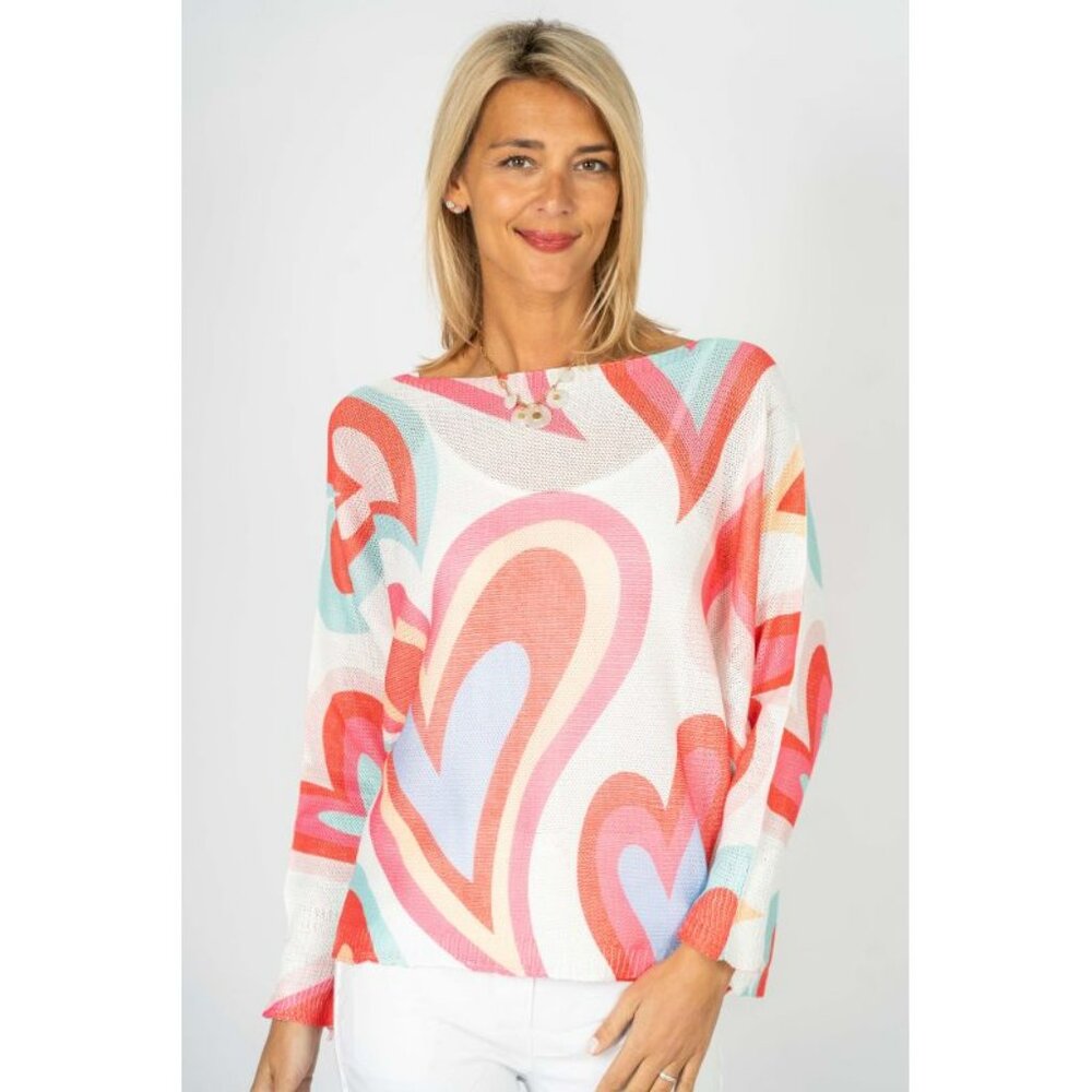NWT Look Mode Heart Print Open Weave Batwing Sweater – Made In Italy